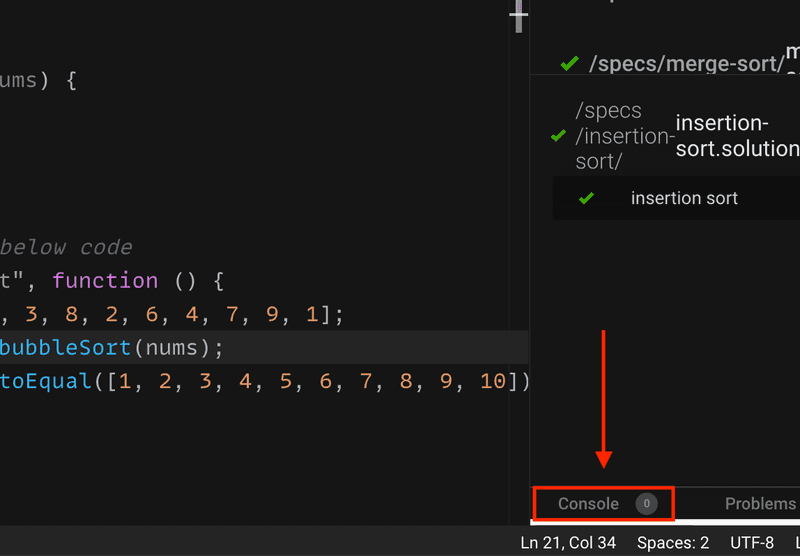 screenshot of codesandbox pointing out where the console is