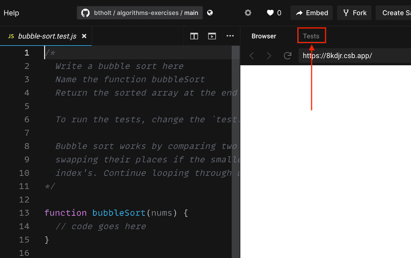 screenshot of codesandbox pointing out where the test runner is